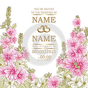 Wedding template romantic women`s floral card, Hollyhocks  flowers