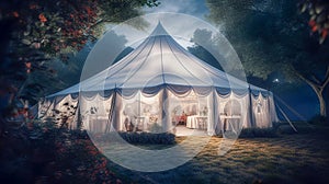 Wedding tent at night. Beautiful event tent with floral decorations, festive table setting and luxury furniture outdoor