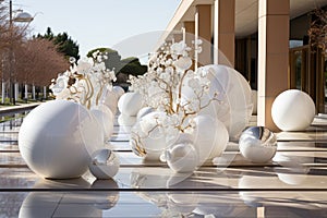 Wedding terrace decor with white flowers, vases and glass ball