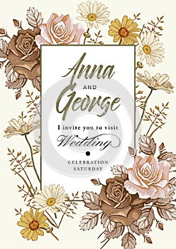 Wedding thanks invitation. Beautiful realistic flowers Chamomile Rose card. Frame, label. Vector victorian Illustration.