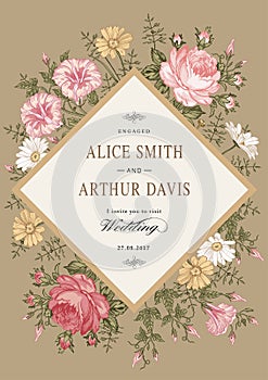Wedding thanks invitation. Beautiful realistic flowers Chamomile Rose card. Frame, label. Vector victorian Illustration. Petunia