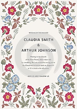 Wedding thanks invitation. Beautiful realistic flowers heliotrope card. Frame Petunia. Vector engraving victorian Illustration