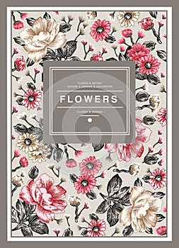 Wedding thanks invitation. Beautiful realistic flowers peonies chamomile card Frame Vector engraving victorian Illustration.