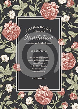 Wedding thanks and invitation. Beautiful realistic flowers Roses agrostemma card Frame Vector engraving victorian Illustration