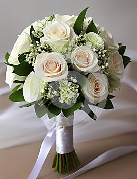 Wedding Theme, Beautiful colorful wedding posy with pink and white roses with green foliage and covered stems