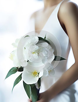 Wedding Theme, Bride holding beautiful wedding posy with white flowers and green foliage