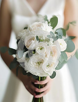 Wedding Theme, Bride holding beautiful wedding posy with white roses and green foliage, stems covered with white ribbon