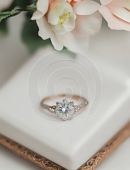 Wedding Theme, Engagement invitation or announcement card with delicate gold casted diamond ring in white jewelry box