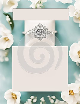 Wedding Theme, Engagement invitation or announcement card with delicate white gold casted diamond ring on white with white flowers