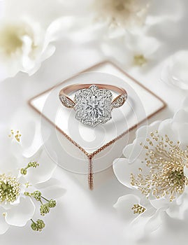 Wedding Theme, Engagement invitation or announcement card with gold casted diamond ring in white jewelry box between white flowers