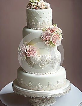 Wedding Theme, Modern style high detailed multi-tiered wedding cake intricate motif with white and soft peach color rose