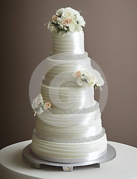 Wedding Theme, Modern style multi-tiered wedding cake intricate motif with white and soft peach color rose decoration