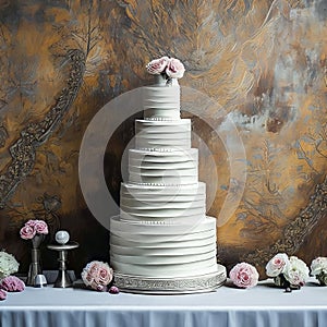 Wedding Theme, Modern style simplistic multi-tiered wedding cake white and soft peach color rose decoration on top