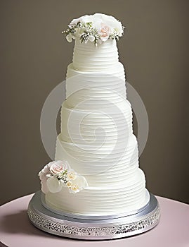 Wedding Theme, Modern style simplistic multi-tiered wedding cake with white and soft peach color rose with green leaves decoration
