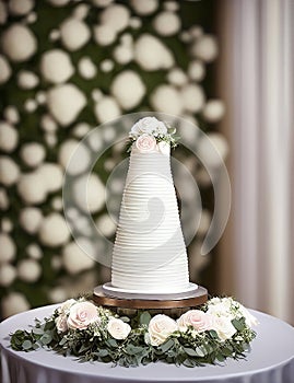 Wedding Theme, Modern style simplistic single tiered wedding cake with white and soft peach color rose with green leaves