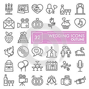 Wedding thin line icon set, love symbols collection, vector sketches, logo illustrations, celebration signs linear