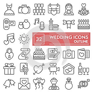 Wedding thin line icon set, love symbols collection, vector sketches, logo illustrations, marriage signs linear