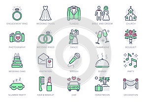 Wedding timeline line icons. Vector illustration include icon - bouquet, ring, bouquet, tuxedo, groom, bridal