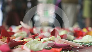 Wedding tradition. Rose petals scattered on carpet