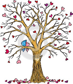 Wedding tree with hearts and birds couple