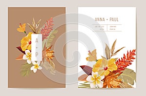 Wedding tropical floral invitation, dry tropic flowers, dried palm leaves card, watercolor template