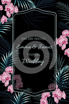 Wedding Tropical Invitation, floral invite card Design: pink orchid and green palm leaves.