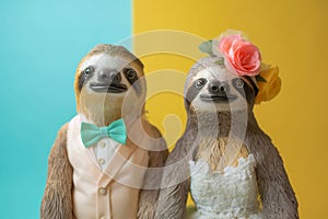 Wedding. Two threetoed sloths with flower crowns in natural habitat photo