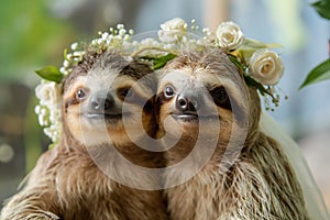 Wedding. Two threetoed sloths with flower crowns in natural habitat photo