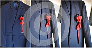 Wedding ultramarine suit and red bow. Formal groom suit with red bow-tie. Elegant blue groom's suit close up with bow tie