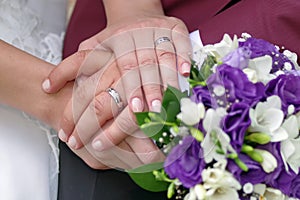 Wedding - union forever. Love, united hands, rings, flowers and happiness