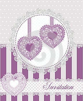 Wedding or valentines day invitation card with lacy hearts.Vector illustration.