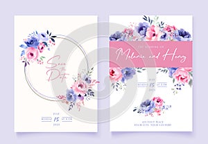 Wedding vector floral invitation, invite invitation thank you, rsvp card watercolor design set: garden flower pink blue