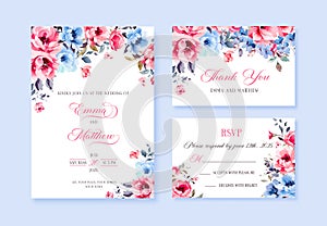 Wedding vector floral invitation, invite invitation thank you, rsvp card watercolor design set: garden flower pink blue