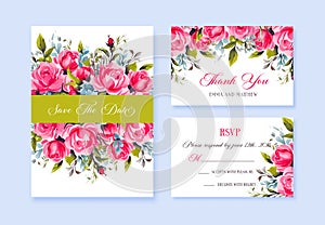 Wedding vector floral invitation, invite invitation thank you, rsvp card watercolor design set: garden flower pink blue