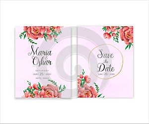 Wedding vector floral invite invitation card watercolor design set: garden flower pink peach Rose white Anemone green leaves elega