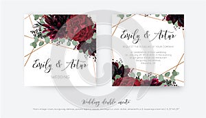 Wedding vector Floral invite, invitation save the date card design. Watercolor style Red wine rose flower, burgundy dahlia,