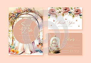 Wedding vector floral invite invitation thank you, rsvp card watercolor design set: garden flower pink peach Rose