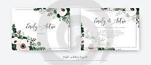 Wedding vector invite, double invitation card floral design. Light pink Anemone flowers, greenery eucalyptus branches, leaves,