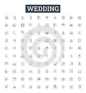 Wedding vector line icons set. Marriage, Nuptials, Ceremony, Bride, Groom, Vows, Celebration illustration outline