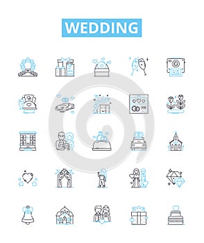 Wedding vector line icons set. Marriage, Nuptials, Ceremony, Bride, Groom, Vows, Celebration illustration outline