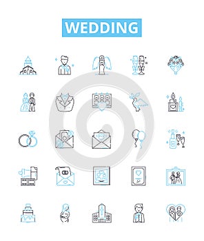 Wedding vector line icons set. Marriage, Nuptials, Ceremony, Bride, Groom, Vows, Celebration illustration outline