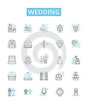 Wedding vector line icons set. Marriage, Nuptials, Ceremony, Bride, Groom, Vows, Celebration illustration outline