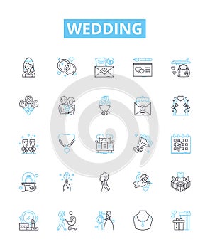 Wedding vector line icons set. Marriage, Nuptials, Ceremony, Bride, Groom, Vows, Celebration illustration outline