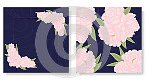 Wedding vector square invitation with pink peonies on classic blue background, invite save the date, floral card.