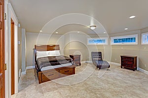 Wedding venue interior features a warm beige bedroom