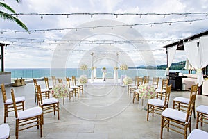 Wedding venue ocean view background, gold chairs, flower, floral, Koh Samui, Thailand