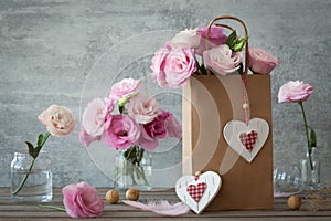 Wedding vintage background with pink flowers and hearts