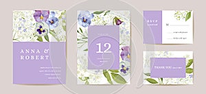Wedding violet pansy floral Save the Date set. Vector purple spring flowers boho invitation card