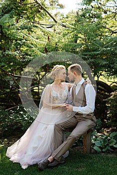 wedding walk of the bride and groom in a coniferous in elven accessories