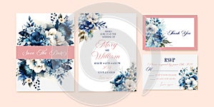 Wedding watercolor floral invitation card save the date design with blue flowers, roses and green leaves semi wreath and